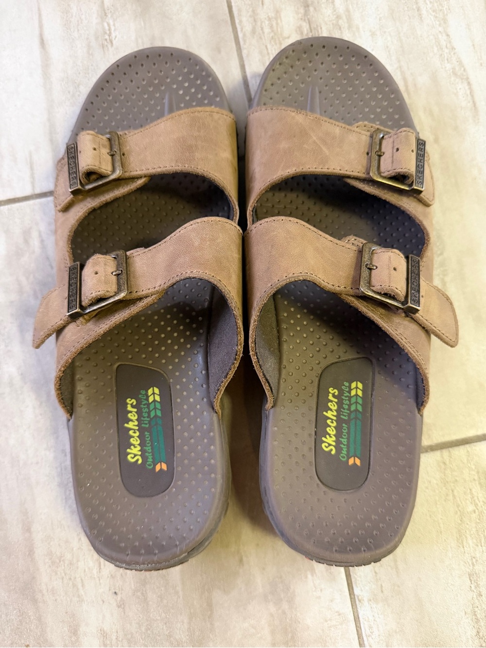 Skechers Brown Slide Sandals with Green and Yellow Accent